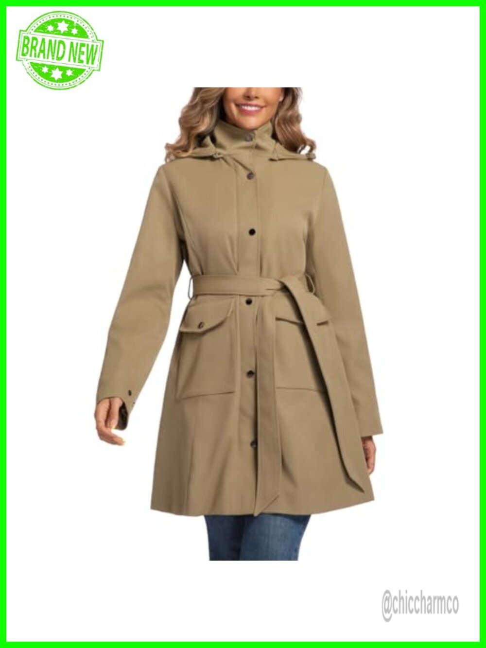 Water Resistant Trench Coat with Detachable Hood & Belt Women's Rain Jacket